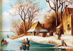 STEVEN SCHOLES PAIR OF OIL PAINTINGS ON BOARD Dutch winter scenes with figures on the ice Signed 5