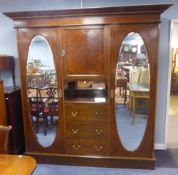 EDWARDIAN SHERATON REVIVAL INLAID MAHOGANY BEACONSFIELD WARDROBE with moulded cornice, kingwood