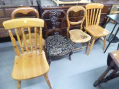 BLACK PAINTED TWO TIER OCCASIONAL TABLE, A PAIR OF PINE DINING CHAIRS, A PAIR OF BALLOON BACK CHAIRS