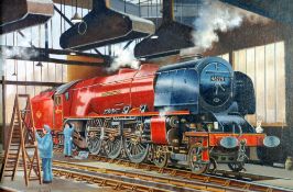 PATRICK BURKE OIL PAINTING ON BOARD Engine shed Crew North with engineers working on the