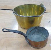BRASS JAM PAN with steel swing handle, 10 1/2" diameter and a SMALL, HEAVY SAUCEPAN with black