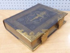 REVEREND DR CULLENS 19th CENTURY EMBOSSED LEATHER AND GILT METAL MOUNTED ILLUSTRATED FAMILY BIBLE