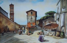 STEVEN SCHOLES OIL PAINTING ON CANVAS Spanish town square with market stalls and figures Signed