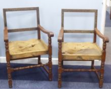 SET OF 10 CROMWELLIAN STYLE OAK OPEN ARMCHAIRS, originally with upholstered hide panelled backs