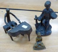 BRONZE SCULPTURE, MAN PLAYING A GRAND PIANO, 6" high, 6" long, a BRONZE FIGURE OF A YOUNG MAN