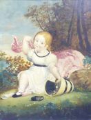 HENRY KNIGHT NAIVE OIL PAINTING ON PANEL Portrait of a young girl seated on a lawn holding a