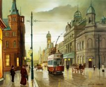 STEVEN SCHOLES OIL PAINTING ON BOARD 'Oxford Road', Manchester with tram and horse-drawn wagons
