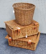 TWO MODERN WICKER PICNIC HAMPERS AND A WASTE BASKET (3)