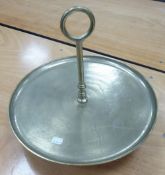 WHITE METAL TABLE CENTRE LARGE CIRCULAR DUMB WAITER with tall centre handle with ring top, raised on