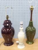 WHITE ALABASTER VASE TABLE LAMP, 12" (30.4cm), two large monochrome glazed pottery TABLE LAMPS (3)