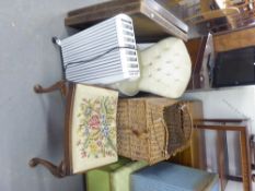 BUTTON BACK NURSING CHAIR, STOOL WITH NEEDLEWORK SEAT, TALL WICKER STORAGE CONTAINER, TWO CARD