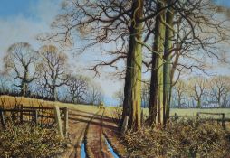 PATRICK BURKE OIL PAINTING ON ARTISTS BOARD Winter landscape with cart track and trees Signed