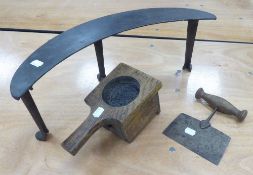 LARGE CAST IRON CRESCENT SHAPED TRIVET on three cabriole shaped supports, 18 1/2" wide and a VINTAGE