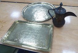 EARLY 20TH CENTURY INDO PERSIAN ENGRAVED BRASS OBLONG TRAY SCENE depicting battle with king in His