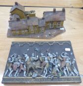 STUDIO POTTERY MODEL OF A VILLAGE STREET, 14" long and a MOULDED RESIN OBLONG WALL PLAQUE embossed