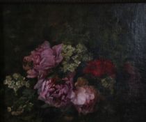 19th CENTURY ENGLISH SCHOOL OIL PAINTING ON CANVAS LAID DOWN Still life - flowers 16" x 20" (40 x