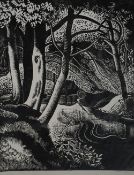 NORMAN C JAQUES BLACK AND WHITE LINOCUT Woodland Stream Signed in pencil 16 1/2" x 13 1/2" (42 x