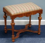 WILLIAM AND MARY STYLE WALNUT OBLONG STOOL with upholstered drop-in seat, on turned tapering legs,