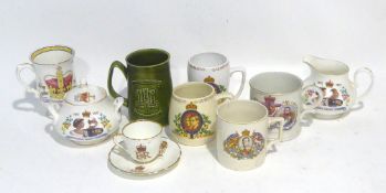 SIX ROYAL COMMEMORATIVE CHINA MUGS AND SAUCER, JUG AND SUCRIER