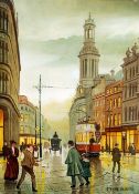 STEVEN SCHOLES OIL PAINTING ON CANVAS Cross Street, Manchester and the Royal Exchange, figures and