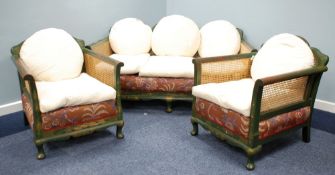 20th CENTURY BERGERE LOUNGE SUITE green painted mahogany frame with chinoiserie detail, single