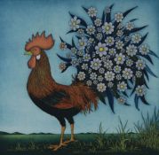 KUHN ARTIST SIGNED LIMITED EDITION COLOURED ENGRAVING Cockerel with flowery tail feathers Signed and