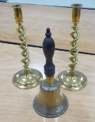 PAIR OF OLD BRASS CANDLESTICKS with open spiral columns, on circular bases, 11 3/4" high and a LARGE