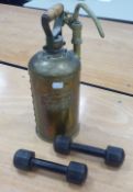'MARTSMITH' BRASS PUMP-ACTION SPRAYING MACHINE and a PAIR OF PROSSER & SONS BLACK METAL DUMBBELLS (