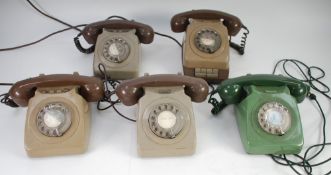 FIVE COLOURED PLASTIC CRADLE TELEPHONES and rotary dialing, one green and four grey (5)