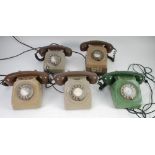 FIVE COLOURED PLASTIC CRADLE TELEPHONES and rotary dialing, one green and four grey (5)