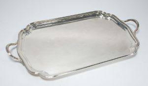 HB AND H, 'ALPHA PLATE' PLAIN SHAPED OBLONG TWO HANDLE TRAY, with incuse corners, reeded edge and