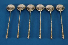 SET OF SIX NINETEENTH CENTURY RUSSIAN SILVER SPOONS, with ovular bowls, spirally fluted long handles