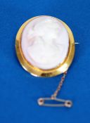 9ct GOLD FRAMED OVAL SHELL CAMEO BROOCH carved with a female head, 1 5/8" high and the safety chain,