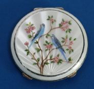 A POST WAR SILVER AND GUILLOCHE ENAMELLED LADY'S COMPACT, the cover decorated with two parakeets, on