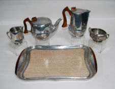 PICQUOT WARE TEA SET OF FOUR PIECES ON MATCHING SHAPED OBLONG TRAY (5)