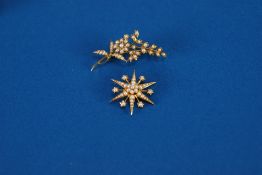 AN EDWARDIAN 15ct GOLD AND SEED PEARL SET STELLATE BROOCH, with matching foliated spray BROOCH en