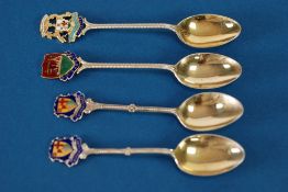PAIR OF SILVER SOUVENIR SPOONS, with enamelled Coat of Arms of 'Dovercourt' and TWO OTHER SOUVENIR