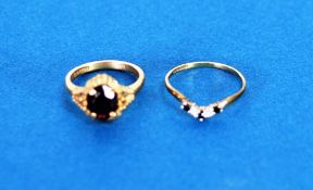 9ct GOLD RING, SET WITH AN OVAL GARNET, London 1966, and a 9ct gold RING, set with tiny blue and