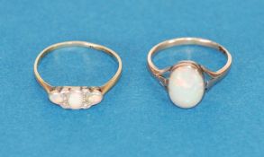 18ct GOLD AND PLATINUM RING set with three opals and four tiny diamonds and 9ct GOLD RING collet set