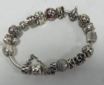 PANDORA SILVER SNAKE PATTERN CHAIN BRACELET, with clasp and safety chain with sixteen PANDORA SILVER