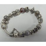 PANDORA SILVER SNAKE PATTERN CHAIN BRACELET, with clasp and safety chain with sixteen PANDORA SILVER