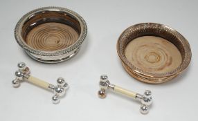 ELECTROPLATE WINE COASTER with applied gadroon edge, ANOTHER SIMILAR and a ELECTROPLATE AND BONE