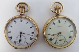 SWISS ROLLED GOLD OPEN FACED POCKET WATCH, with keyless 15 jewel movement, white Roman dial with