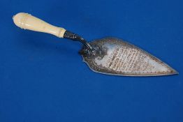 VICTORIAN ENGRAVED SILVER PRESENTATION TROWEL, with carved ivory handle, of typical form with twelve