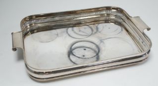 GOOD QUALITY ELECTROPLATE OBLONG TWO HANDLE GALLERY TRAY, the cushion sided pierced border with