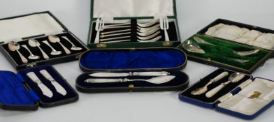 A CASED SET OF SIX SILVER CAKE FORKS, Sheffield 1964, a CASED PAIR OF SILVER MOTHER O'PEARL