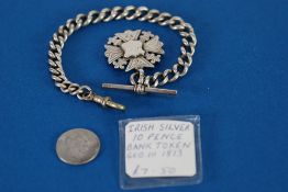 SILVER CURB PATTERN ALBERT with silver Maltese Cross style medallion fob