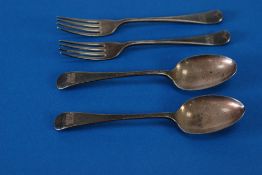 A PAIR OF SILVER DESSERT SPOONS AND A PAIR OF MATCHING DESSERT FORKS, Early English pattern,