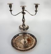 VINERS 'ALPHA' ELECTROPLATED THREE LIGHT CANDELABRUM, with pair of reflex scroll branches, 12 1/