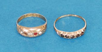 VICTORIAN 9ct GOLD RING GYPSY SET WITH THREE TINY WHITE STONES and one tiny red stone, Birmingham